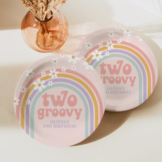 twee Groovy Pastel-regenboog, tweede verjaardag Papieren Bordje