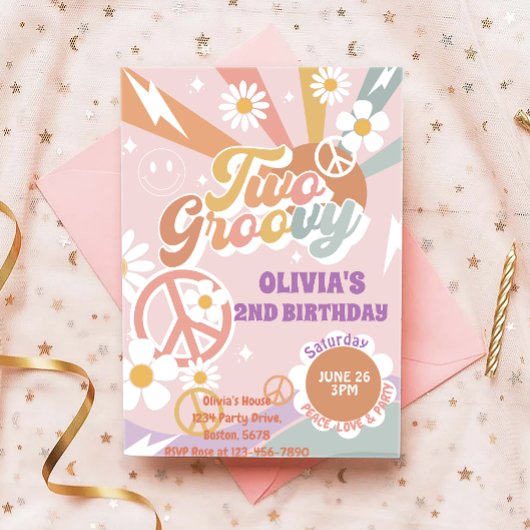 Twee Groovy Peach Liefdesfeestje 2e Verjaardag Uit Kaart