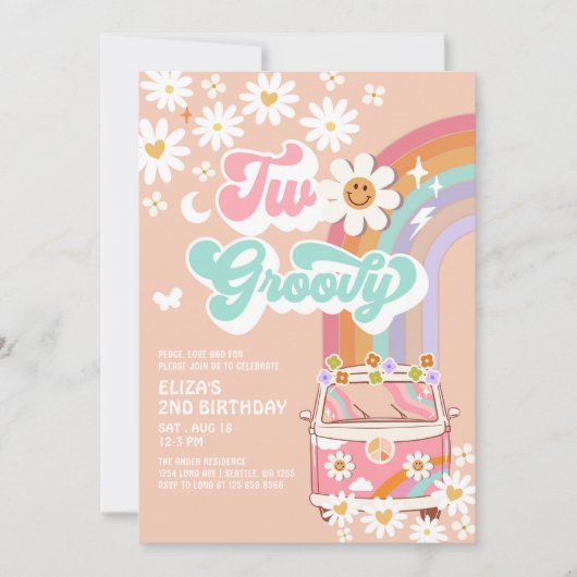 Twee Groovy Pink Daisy Rainbow Van 2e Verjaardag Kaart (Voorkant)