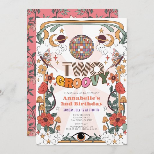 Twee Groovy Psychedelic Retro Meisje 2e verjaardag Kaart (Voorkant / Achterkant)