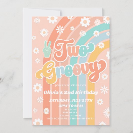 Twee Groovy Rainbow Daisy Retro 2e Verjaardagsfees Kaart (Voorkant)