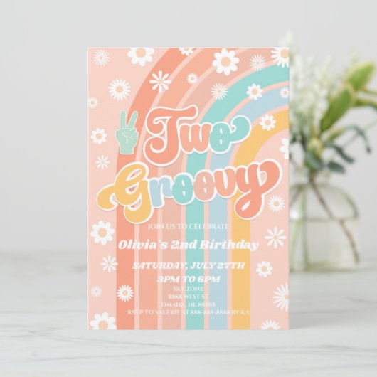 Twee Groovy Rainbow Daisy Retro 2e Verjaardagsfees Kaart (Staand voorkant)