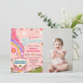 Twee Groovy Rainbow Floral 2e Verjaardagsfeestfoto Kaart (Staand voorkant)