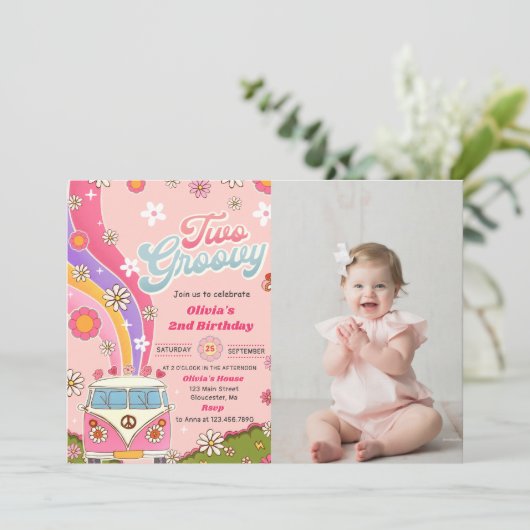 Twee Groovy Rainbow Floral 2e Verjaardagsfeestfoto Kaart (Staand voorkant)