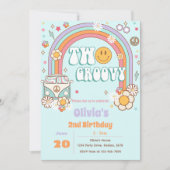 Twee Groovy Regenboog Bloem 2e Verjaardag Uitnodig Kaart (Voorkant)