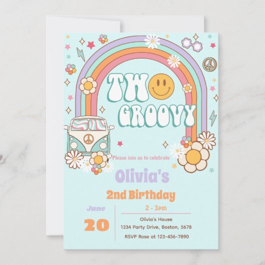 Twee Groovy Regenboog Bloem 2e Verjaardag Uitnodig Kaart (Voorkant)