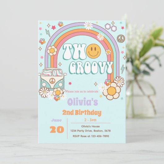 Twee Groovy Regenboog Bloem 2e Verjaardag Uitnodig Kaart (Staand voorkant)