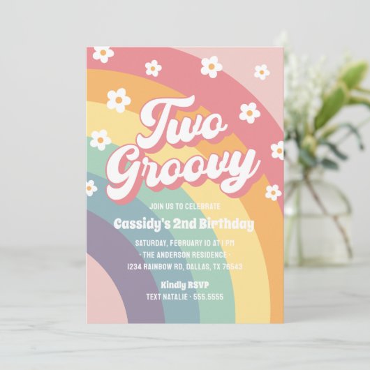 Twee Groovy Retro 70s Rainbow Daisy 2e verjaardag Kaart (Staand voorkant)