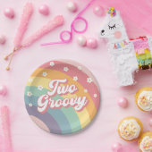 Twee Groovy Retro 70s Rainbow Daisy 2e verjaardag Papieren Bordje (Feest)