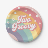 Twee Groovy Retro 70s Rainbow Daisy 2e verjaardag Papieren Bordje (Voorkant)