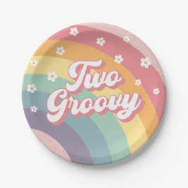 Twee Groovy Retro 70s Rainbow Daisy 2e verjaardag Papieren Bordje