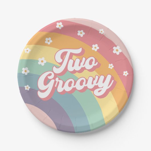 Twee Groovy Retro 70s Rainbow Daisy 2e verjaardag Papieren Bordje (Voorkant)