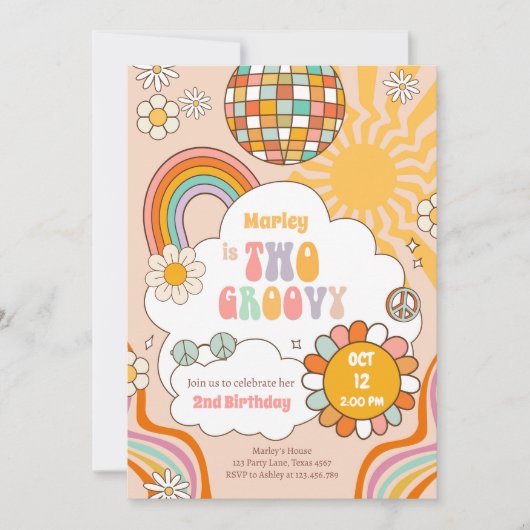 Twee Groovy Retro 70s Regenboog Meisje 2e Verjaard Kaart (Voorkant)