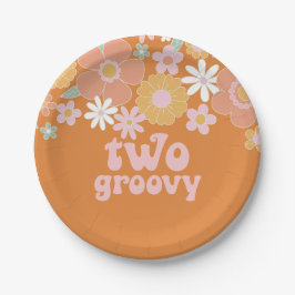 Twee Groovy Retro Bloem 2de verjaardag Papieren Bo Bordje
