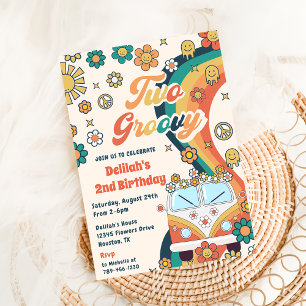 Twee Groovy Retro Bloem 2de Verjaardagsfeest Uitno Kaart