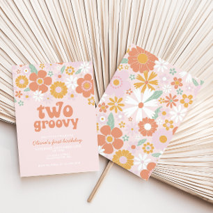 Twee Groovy Retro Bloem Uitnodiging voor eerste ve
