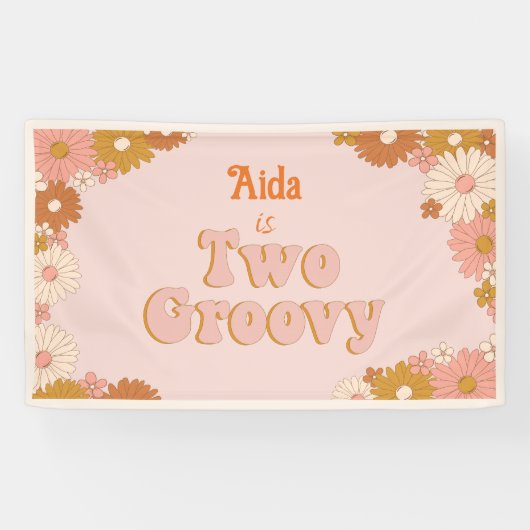 Twee Groovy Retro Bloemen Achtergrond Spandoek (Horizontaal)