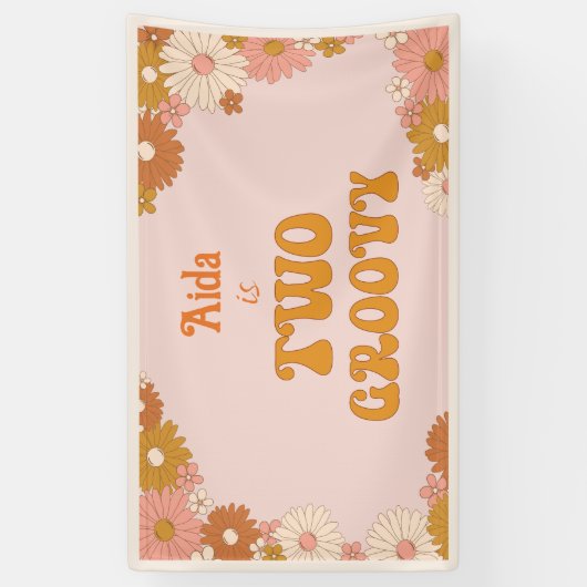 Twee Groovy Retro Bloemen Roze & Oranje Achtergron Spandoek (Verticaal)