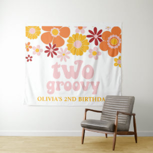 Twee Groovy Retro Bloemige Verjaardagsbanner Wandkleed