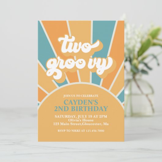 Twee Groovy Retro Boy 2e verjaardag Uitnodiging (Staand voorkant)