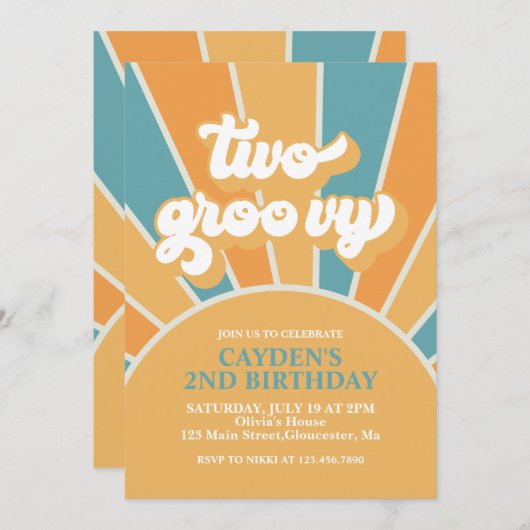 Twee Groovy Retro Boy 2e verjaardag Uitnodiging (Voorkant / Achterkant)