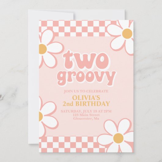 Twee Groovy Retro Check Roze Madeliefje Kaart (Voorkant)