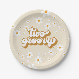 Twee Groovy Retro Daisy 2de Verjaardag Papieren Bo Bordje