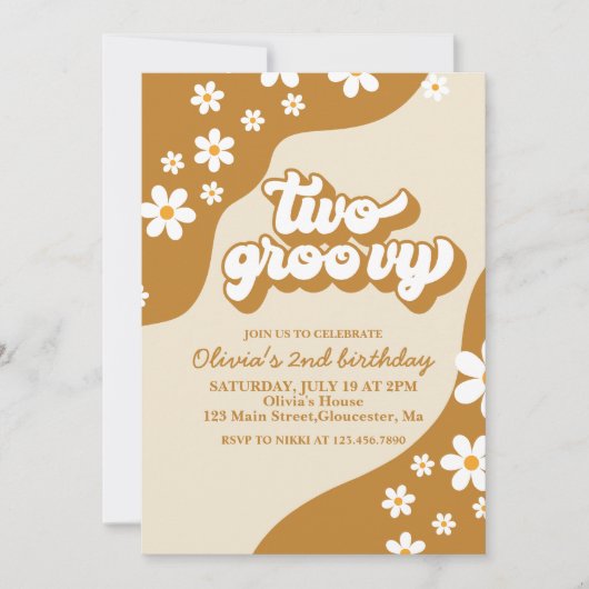 Twee Groovy Retro Daisy 2e verjaardag Uitnodiging (Voorkant)