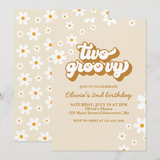 Twee Groovy Retro Daisy 2e verjaardag Uitnodiging (Voorkant / Achterkant)