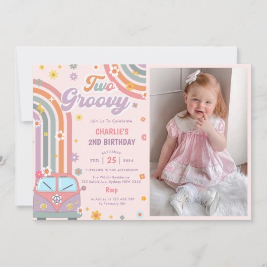 Twee Groovy Retro Daisy 2e Verjaardagsfeestfoto Kaart (Voorkant)
