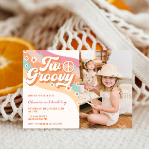 Twee Groovy Retro Daisy 2e Verjaardagsfeestfoto Kaart