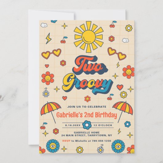 Twee Groovy Retro Daisy 2e verjaardagsfeestje Kaart (Voorkant)
