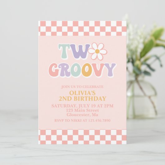 Twee Groovy Retro Daisy en Checker 2e verjaardag Kaart (Staand voorkant)