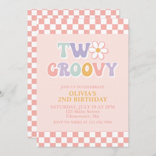 Twee Groovy Retro Daisy en Checker 2e verjaardag Kaart (Voorkant / Achterkant)