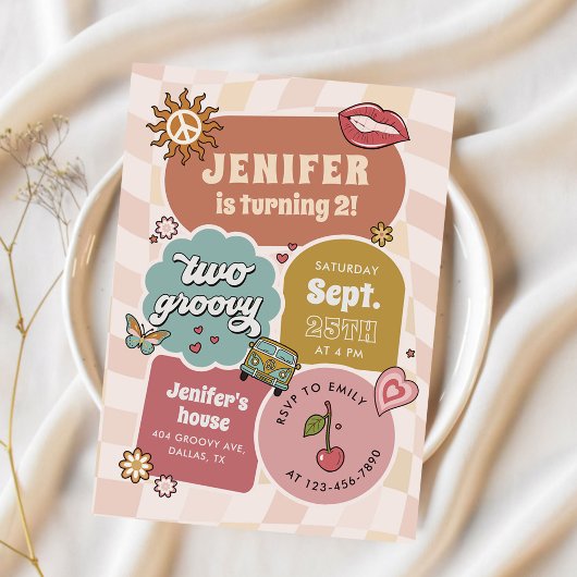 Twee Groovy Retro Daisy Girl 2e verjaardag Kaart