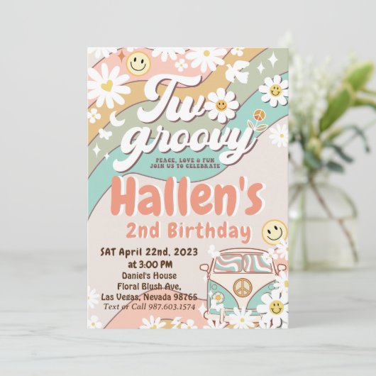 Twee Groovy Retro Daisy Rainbow 2e verjaardag Kaart (Staand voorkant)