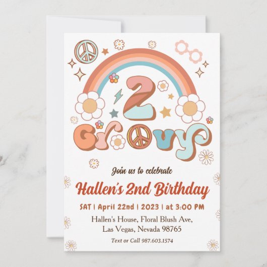Twee Groovy Retro Daisy Rainbow 2e verjaardag Kaart (Voorkant)