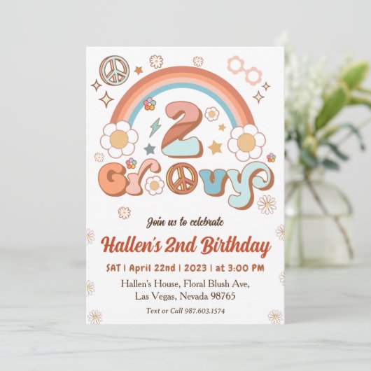 Twee Groovy Retro Daisy Rainbow 2e verjaardag Kaart (Staand voorkant)