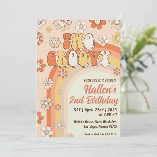 Twee Groovy Retro Daisy Rainbow 2e verjaardag Kaart (Staand voorkant)