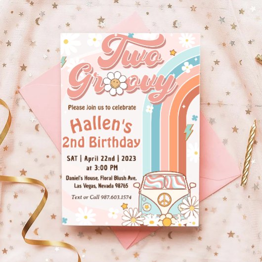 Twee Groovy Retro Daisy Rainbow 2e verjaardag Kaart