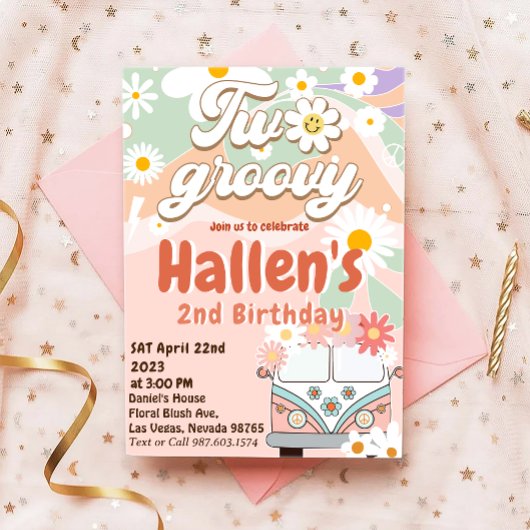 Twee Groovy Retro Daisy Rainbow 2e verjaardag Kaart