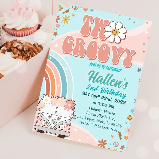 Twee Groovy Retro Daisy Rainbow 2e verjaardag Kaart