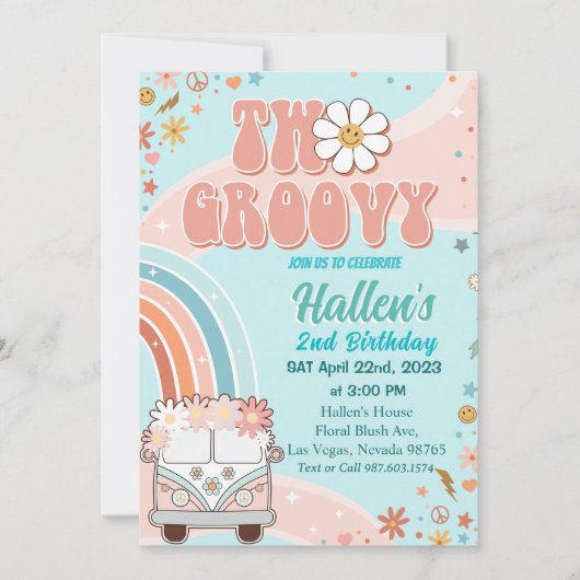 Twee Groovy Retro Daisy Rainbow 2e verjaardag Kaart (Voorkant)