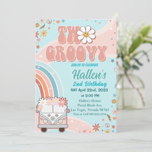 Twee Groovy Retro Daisy Rainbow 2e verjaardag Kaart (Staand voorkant)