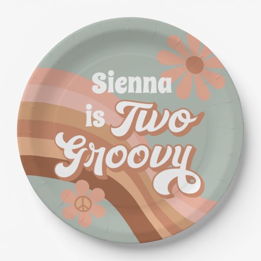 Twee Groovy Retro Daisy Sage Pink 2e verjaardag Papieren Bordje (Voorkant)