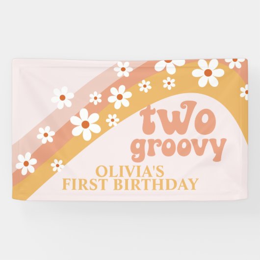 Twee Groovy Retro Daisy Verjaardagsbanner Spandoek (Horizontaal)