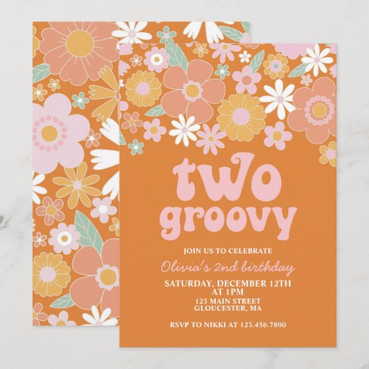 twee Groovy Retro Floral 2e verjaardag Kaart (Voorkant / Achterkant)