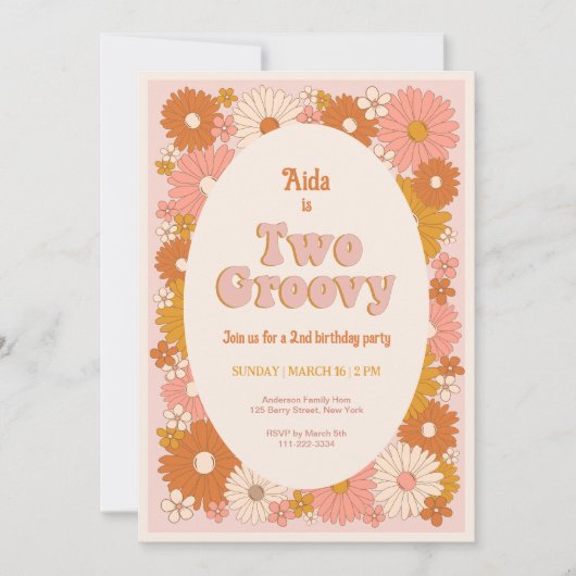 Twee Groovy Retro Floral 2e Verjaardag Uitnodiging (Voorkant)