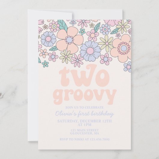 Twee Groovy Retro Floral 2e verjaardag Uitnodiging (Voorkant)