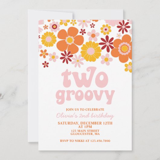 Twee Groovy Retro Floral 2e verjaardag Uitnodiging (Voorkant)